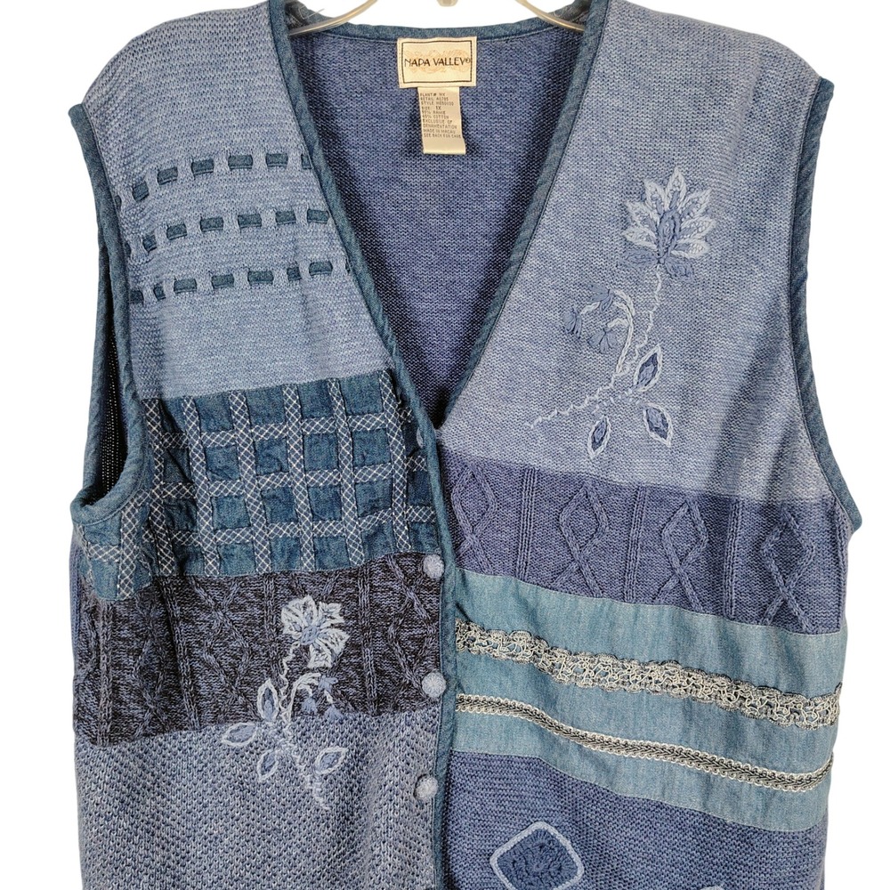 Napa Valley Womens 1X Patchwork Knit Vest Blue Ramie Cotton Cottagecore Boho